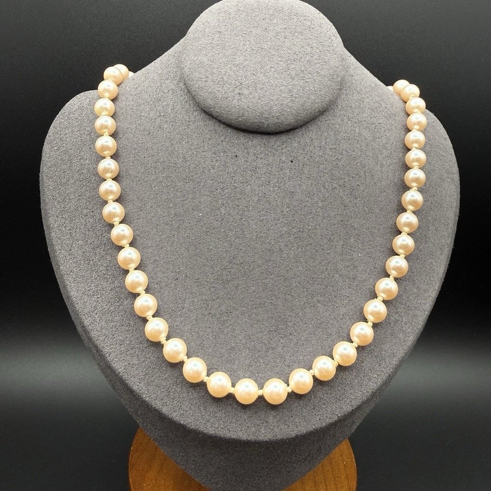 Vintage Monet Classic Faux Pearl Necklace Individual Knotted Gold Tone Clasp 18"
